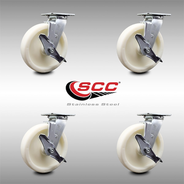 8 Inch Stainless Steel Nylon Swivel Caster Set with Ball Bearings and Brakes SCC